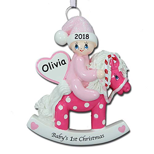 Personalized Baby Girl’s First Christmas Baby on Polka Dot Rocking Horse with Glittered Santa Hat and Heart Detail Hanging Christmas Tree Ornament with Custom Name and Date