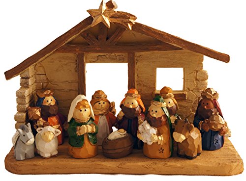 Miniature Kids Christmas Nativity Scene with Creche, Set of 12 Rearrangeable Figures