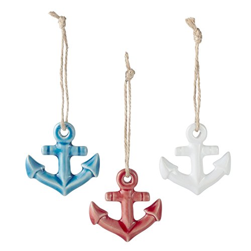 Set of 3 Assorted Midwest CBK Ceramic Coastal Ornaments on Jute Rope Hangers (Anchors)