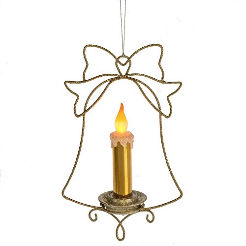 Lighted Gold Hanging Christmas Ornament with LED Candle – Angel or Bell Holiday Decoration (Bell)