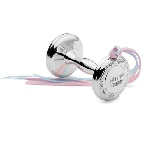 EMPIRE 2018 ‘Baby’s First Engraved and Dated Rattle Sterling Silver Christmas Holiday Ornament with Blue and Pink Ribbon,