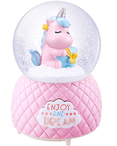 Musical Unicorn Snow Globe for Kids, 100mm Resin Glitter Music Box with Multiple Tunes, Gift for Girls – Pink