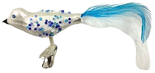 Pinnacle Peak Trading Company Blue and White Bird with Feather Tail Czech Glass Christmas Clip On Ornament