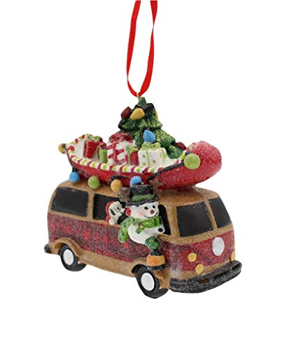 Raz Traveling Snowman in Vintage Bus with Canoe on Top Ornament