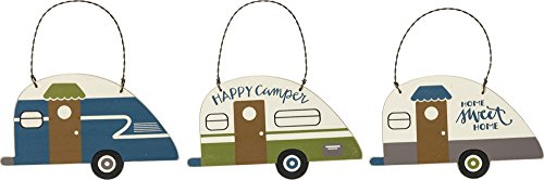 Primitives by Kathy Wooden Shaped Ornament Set, Set of 3, Sweet Home-Happy Camper