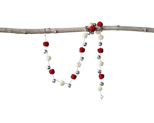Creative Co-Op Red & Cream Pom Silver Jingle Bells Garland, Red