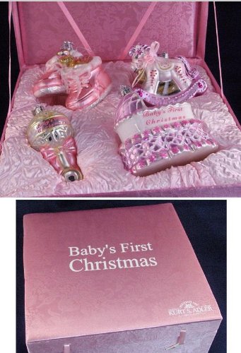 4-Piece Pink “Baby’s First Christmas” Girl Glass Ornament Boxed Gift Set