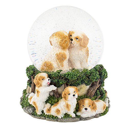 Playful White Tan Puppies 100mm Resin Water Globe Plays Tune Best of Friends