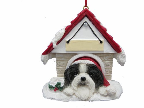 Shih Tzu Black and White Ornament A Great Gift For Shih Tzu Owners Hand Painted and Easily Personalized “Doghouse Ornament” With Magnetic Back