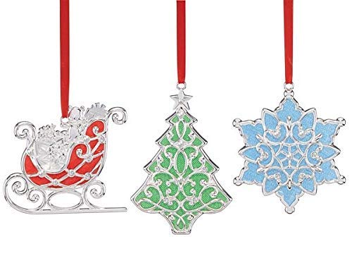 Lenox Merry & Bright Shimmer Iridescent 3-Piece Set Clear Gem 3 Ornaments A Sleigh, a Christmas Tree, and a Snowflake