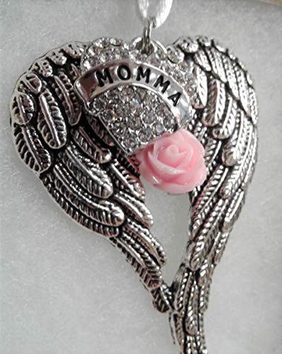 Momma Memorial Angel Wings Ornament with Pink Rose Charm