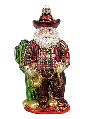 Pinnacle Peak Trading Company Texas Santa with Lasso Polish Blown Glass Christmas Ornament Tree Decoration
