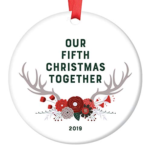 5th Christmas Together Ornament 2019 5 Years Dating Gift Partner Girlfriend Boyfriend Married Couple Dated Keepsake Tree Decoration Woodland Floral Boho Decor Glossy Ceramic 3″ Flat Circle Red Ribbon