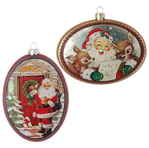 4.5″ Oval Santa & Reindeer Disk Christmas Ornament Set of 2