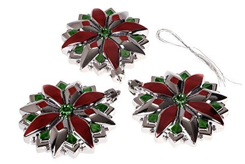 Clever Creations Christmas Poinsettia Ornament Set Beautiful Silver, Red and Green Pattern | 3 Pack | Festive Holiday Décor | Classic Design | Light Weight Shatter Resistant | Hangers Included