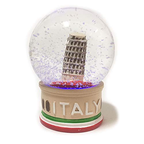 Leaning Tower of Pisa Decor Snow Globe 4.5 inches Tall 75mm Water Globe Italy Souvenir Figurines with Lighted LED Light Up Dolls Miniature Replica Italy Landmark Famous Building with Flag Water Ball