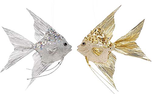 Mark Roberts Coastal Sea Christmas Collection Angel Fish Ornaments Gold and Silver 10×8.5×1.75 Inch, Set of 2 Assorted