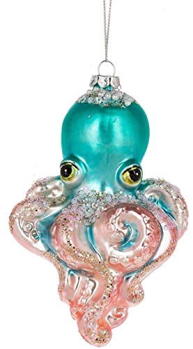 Midwest Blown Glass Embellished Octopus Ornament 146559 5.5 Inches X 3.75 Inches x 2.75 Inches (Pink and Teal)