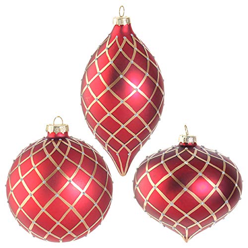 Set of 3 Raz 6″ Red and Gold Diamond Pattern Glass Christmas Ornament 3823036