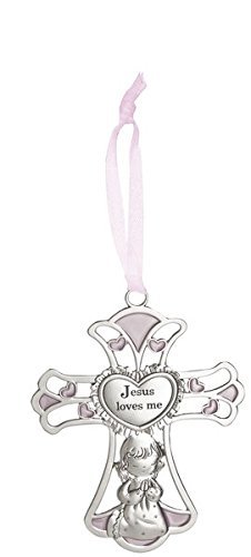 Ganz 4” Ornate Baby Crib Cross Decor with Ribbon for Hanging (Jesus Loves Me – Pink)