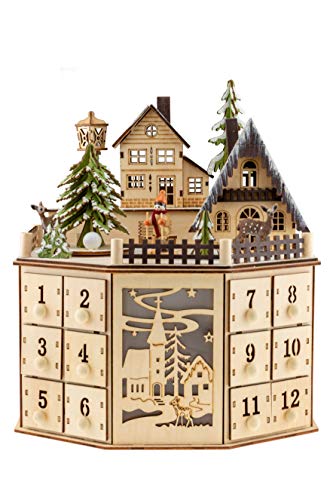 Clever Creations Traditional Wooden Advent Calendar | Festive Christmas Village Design with 24 Drawers | LED Christmas Lights and Rotating Christmas Tree | Battery Operated