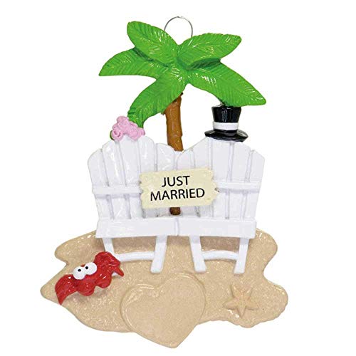 Just Married Bride and Groom on Beach Chair Summer Personalized Christmas Ornament