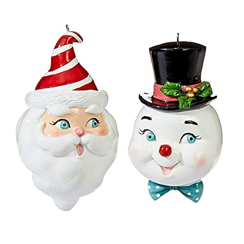 RAZ Imports Set/2 Santa Claus Snowman Face Retro VNTG Style Christmas Tree Ornaments