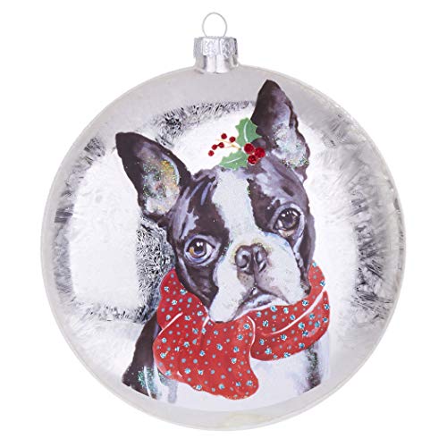 RAZ Imports Glass Disc Christmas Ornament – Boston Terrier – 5 inch Diameter x 1.5 inch