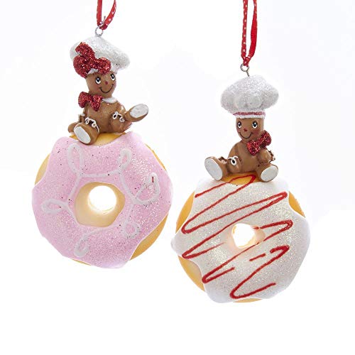 Kurt Adler Gingerbread Children Donuts Pink 4 inch Resin Stone Christmas Ornaments Set of 2