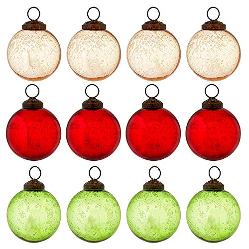 Red Green Bronzetone Ball 2 inch Glass Decorative Christmas Ornament, Assorted Box of 12