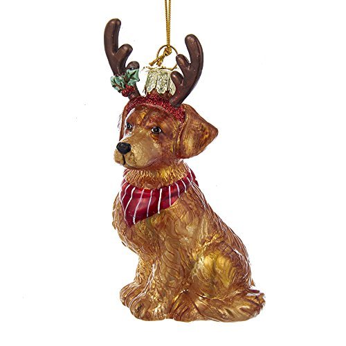 Noble Gems Golden Retriever with Antlers Glass Ornament