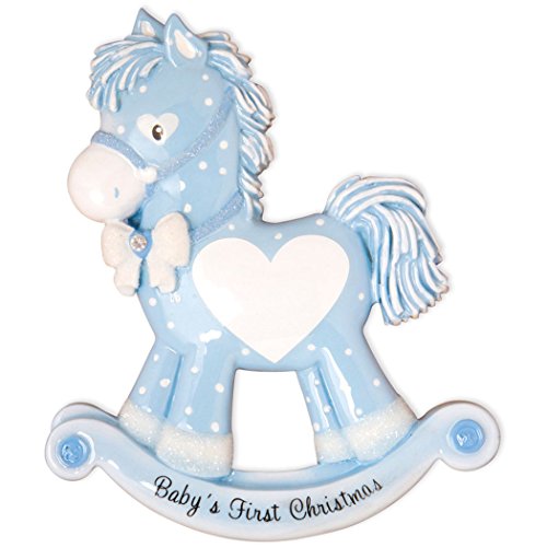 Personalized Baby’s First Christmas Rocking Pony Boy Tree Ornament 2019 – Glitter Blue Polka Dot Horse Heart New Mom Shower Nursery Grand-Son Kid Child Gift Year – Free Customization