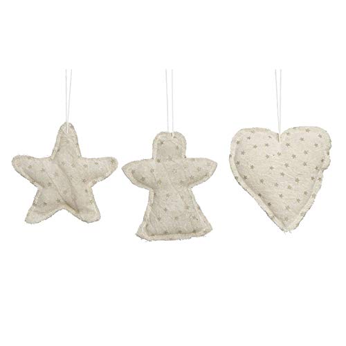 Creative Co-op Star Angel Heart Winter White 5 inch Cotton Fabric Christmas Ornaments Set of 3