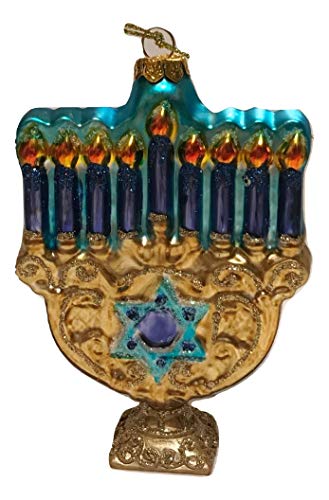 One Hundred Eighty Degrees Blue Candle Glass Menorah Old World Style Holiday Ornament