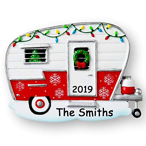 Polar X Personalized Red and White RV Camper with Festive Christmas Decorations Tree Ornament with Custom Name and Date