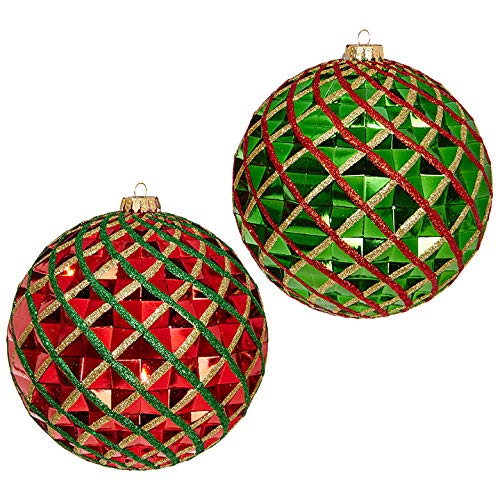 Set of 2 Raz 6″ Green and Red Diamond Patterned Christmas Ornament 3832736