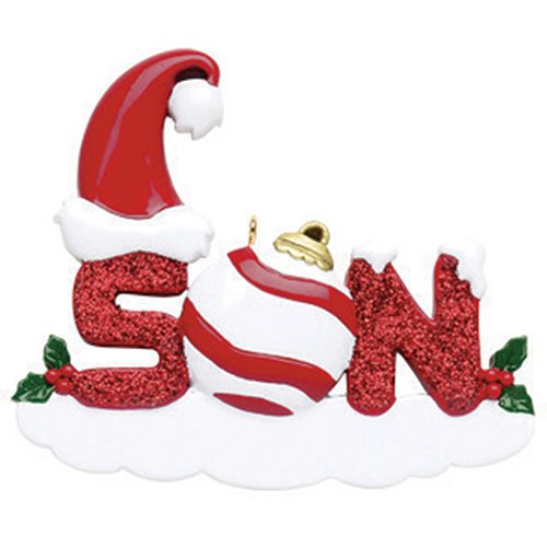 Personalized Son Christmas Tree Ornament 2019 – Snowy Glitter Word Holly Santa Hat Strip Baubles World’s Greatest My Boy Love Member Tradition Special Forever Memory – Free Customization