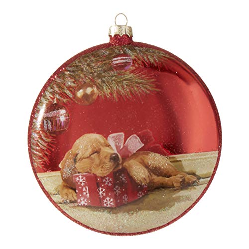 RAZ Imports Glass Disc Christmas Ornament – Puppy with Gift – 5 inch Diameter x 1.5 inch