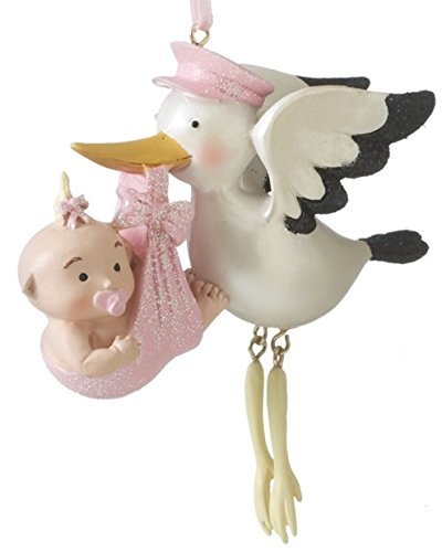 Pink Stork with Baby Girl First Christmas Tree Ornament by Midwest Seasons