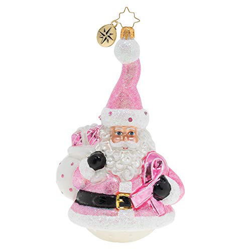 Santa Breast Cancer Support Pink Glitter 7 x 4 Blown Glass Christmas Figurine Ornament