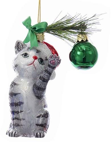 Kurt-Adler Glass Ornament with S-Hook and Gift Box, Cat Collection (Christmas Cat, Grey, NB1141)