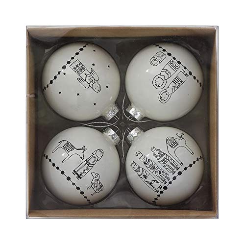 Creative Co-op Nativity Ball Black and White 3 inch Glass Christmas Ornaments Boxed Set of 4