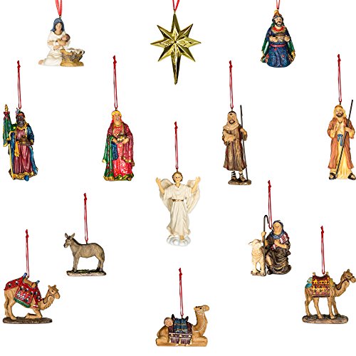 13 Piece Christmas Nativity Ornament Set in Cherry Wood Collectible Satin Lined Box