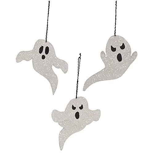 Set/3 Tin Ghosts Glitter Retro Vintage Style Halloween Tree Ornaments