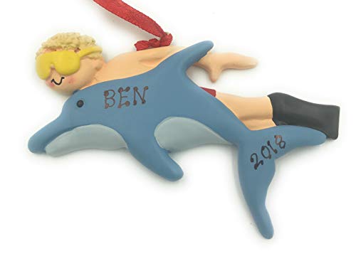 rudolp and me Personalized Swim with Dolphins Boy Blonde Christmas Ornament 2019