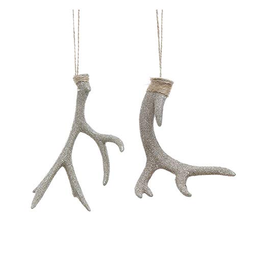 Creative Co-op Antler Silver Tone Glitter 5 inch Resin Stone Christmas Ornaments Set of 2
