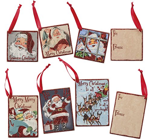 Primitives by Kathy Vintage Christmas Wood Gifts Tags, Set of 6, Retro Santa, 6 Piece