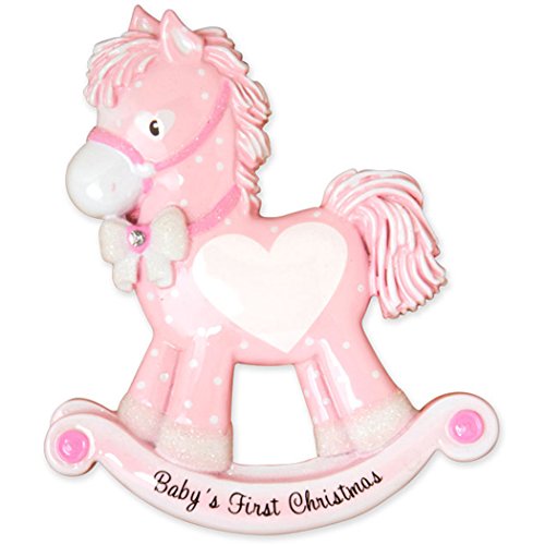 Personalized Baby’s First Christmas Rocking Pony Girl Tree Ornament 2019 – Glitter Pink Polka Dot Horse Heart New Mom Shower Nursery Grand-Daughter Kid Gift Year – Free Customization