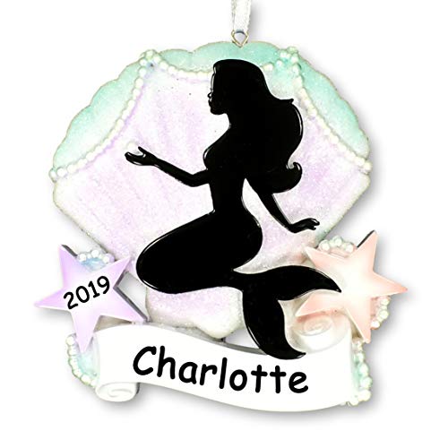 Personalized 2019 Mermaid Christmas Ornament – Glittered Seashell with Mermaid Silhouette – Free Custom Name and Date