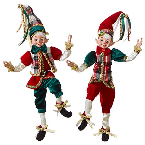 Set of 2 Raz 16″ Dark Green and Red Plaid Posable Elf Christmas Figure 3902256